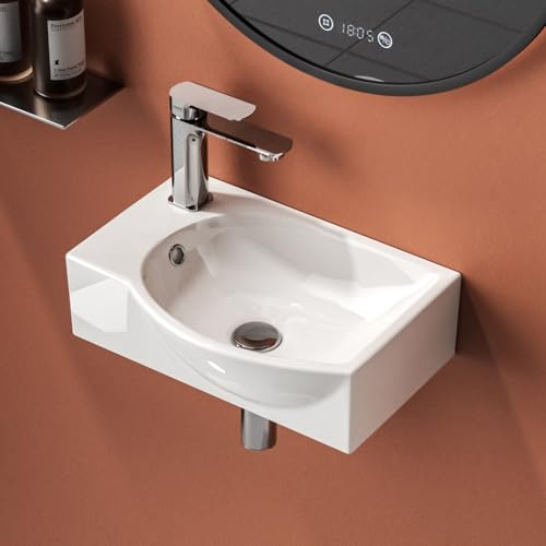 EMKE Lave-Mains Suspendu 40,5 x 28 x14 cm, Robinet à Gauche, Blanc Brillant | Petit Lavabo Mural Rectangulaire en Céramique, Mini Vasque Murale Gain de Place avec Trou (Sans Robinet ni Bonde)