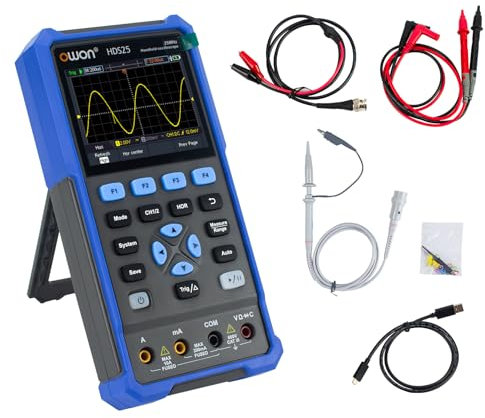 Oscilloscopio portatile, oscilloscopio multimetro multifunzione digitale, 20000 conteggi, tester universale portatile 2 in 1, con display LCD da 3,5 pollici, 2 canali, larghezza di banda 25 MHz, HDS25