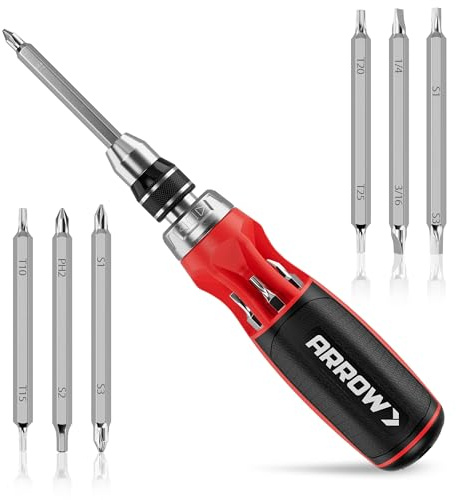 ARROW Ratcheting Screwdriver, 12-IN-1 Multi Bit Ratchet Screwdriver set, Premium S2 Steel Screw Drivers, Innovated Bits Quick-Load Mechanism, with Phillips, Slotted, Torx, Square Bits Stored in Handle