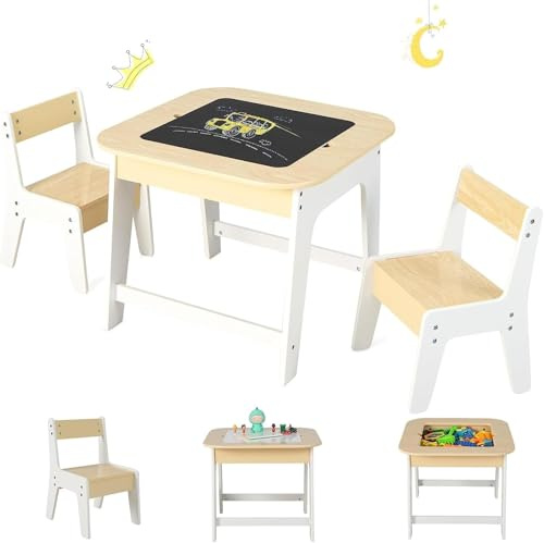 FANTASK Kindertisch mit 2 Stühlen, 3 TLG Kindersitzgruppe Holz mit Doppelseitiger Tischplatte, Natur+weiß