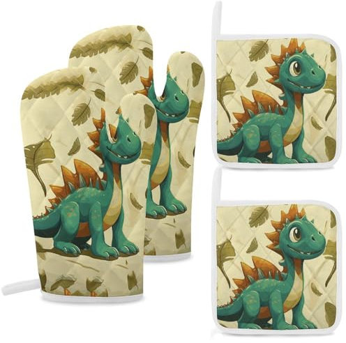 Cute Cartoon Dinosaurs Oven Mitts and Pot Holders Sets of 4 High Heat Resistant Non-Slip Oven Gloves Hot Pads Cooking Gloves for Kitchen Cooking Baking Grilling BBQ