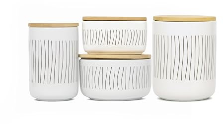 Birambeau Lot 4 Bocaux Cuisine Céramique avec Couvercle Bambou Hermétique – Pots de Conservation Alimentaire et Rangement Salle de Bain – 300 à 800 ml – Design Blanc