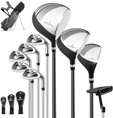 LIFEZEAL Golfset set herr set bärbar höger golfväska 7 fack Putter 3 trä drivrutiner #1 Fairway #3 hybrid #4 5 nålar #6,#7,#8,#9, Pitching Wedge (grå)