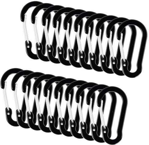 Ziyonix Karbinhakar 20 st, aluminium D-ring karbinhake nyckelring slitstark lätt karbinhake krokar inte för klättring, ministorlek, för vandring, camping, fiske, utomhus, ryggsäck, svart