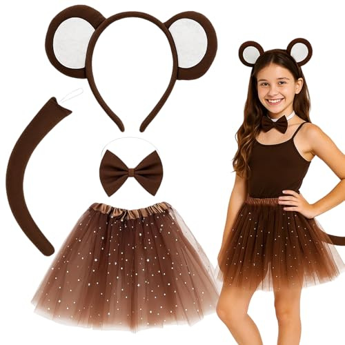 ZcrPrn Monkey Costume, Carnival costume, 4 Pcs Monkey Outfit Included Ears Headband Tail Bow Tie Brown Skirt, Animal Costume for Carnival Halloween, Birthday Parties and Fancy Dress Up