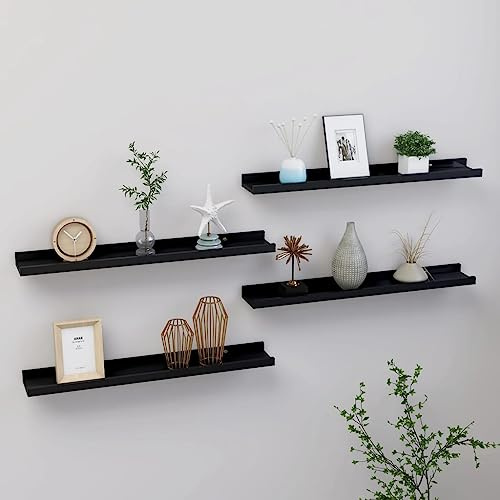 HaoChrymec Estantes de Pared, 4 Unidades MDF Negro, Diseño Minimalista para Plantas Suculentas, Libros y Decoración, Soporte 5 kg, Fácil Instalación, 60x9x3 cm
