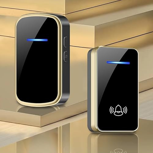 SLDAGe Sonnette sans Fil Exterieur Étanche, 300M Sonnette Longue Portée avec Récepteurs Enfichables, Carillon Electronique Kit pour la Maison, LED Bleu,60 Mélodies 5 Niveaux Volumes,Black Gold,1 V 1