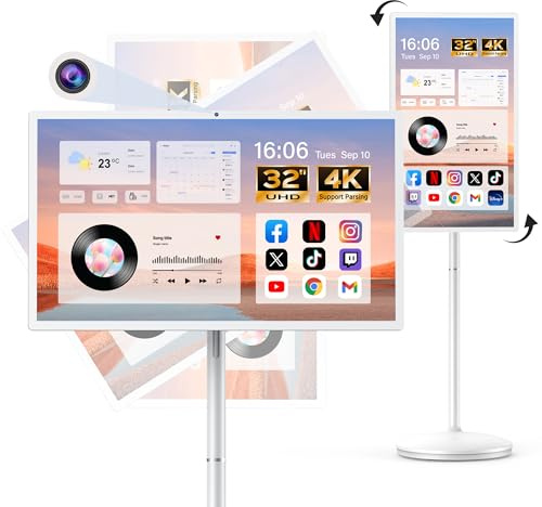 Kiyomo 32 Smart Portable TV on Wheels, UHD Touch Screen Rolling TV, 16GB RAM + 128GB Storage, Powerful Qualcomm Snapdragon CPU, Android 14 EDLA Certified, Supports Google Play with 10000+ Apps