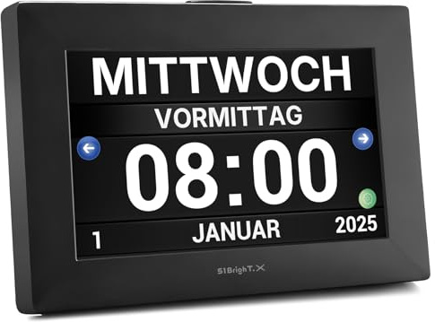 51Bright.X 8 Zoll Digitale Kalenderuhr – Schwarz – für Senioren, Demenzkranke & Sehbehinderte – große Ziffern, langsame deutsche Sprachansage, Touchscreen-Wecker & Fotoalbum