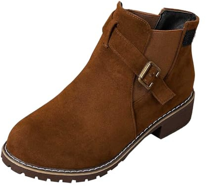Puramala Botines para mujer en imitación de ante al tobillo con hebilla y cremallera Zapatos casuales de entretiempo para otoño y primavera, Estilo X02 Marrón, 40.5 EU