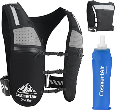 CosmartAir Running Hydration Vest with 500ml Soft Water Bottles, 6 Pockets, Adjustable Size, Waterproof Running Phone Holder for Men and Women, Reflective Gear (Adjustable, One Size)