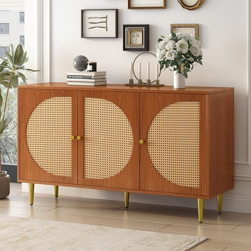 BXEYXE Conjunto de aparador de ratán para salón – Combinación de cajones de ratán y zapatero, color nogal