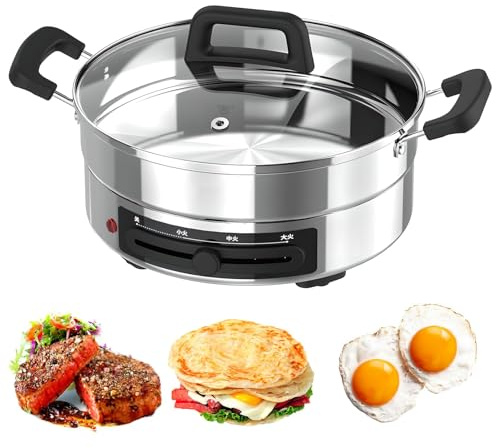 Pizzaiolo Elettrico, Padella in Acciaio Inossidabile da 1500 W con 3 Livelli di Regolazione della Potenza di Fuoco, Teglia Elettrica da Fornello Multifunzione da 30 cm per Cucina Domestica