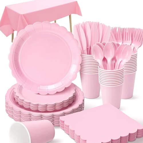 211 platos y servilletas de papel rosa, vasos, popotes, suministros de fiesta rosa, incluyendo platos, vasos, servilletas, pajitas para baby shower, cumpleaños, boda, fiesta