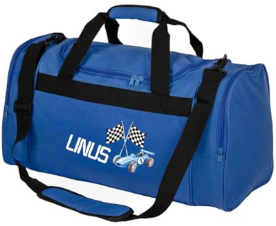 minimutz Kindersporttasche personalisiert Rennauto, Reisetasche Jungen Mädchen groß, Sporttasche Kinder mit Name 26L (Royalblau)