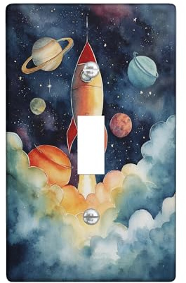 Rocket Single Light Switch Cover Plate, Space Fanciful Planets Clouds N/a Blue Plastic Standard Size Decorative Wall Plates for Home Living Room Bedroom Bathroom Decor (Single)