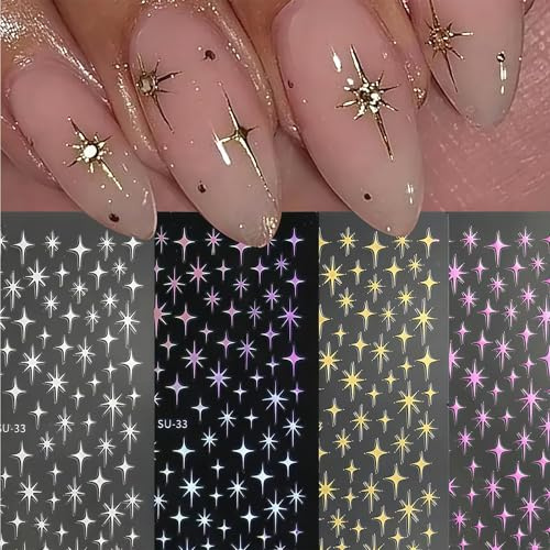 CharmeFleur Sterne Nageldesign Sticker Abziehbilder Laser Gold Sterne Nagel Abziehbilder 8 Stück 3D Metall Vierstrahlige Sternen Nagel Sticker Französische Maniküre