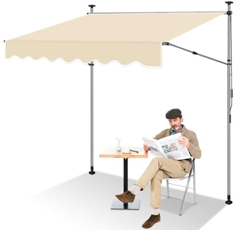 Peviasot Toldo de sujeción sin taladrar con manivela para balcón, 350 cm x (110-150) cm, con barras laterales retráctiles extendidas, toldo, protección solar, impermeable, altura ajustable, color