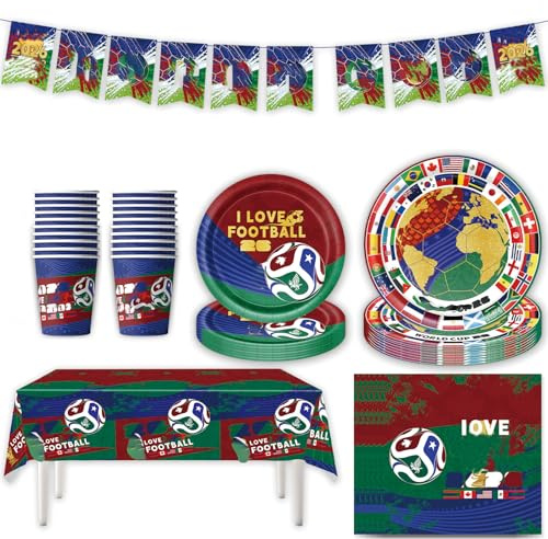 2026 International Football Party Supplies, Football Theme Complete Celebration Kit for Match Day with Banner, 7/9 Plates, 20 Cups, 20 Napkins and Tablecloth