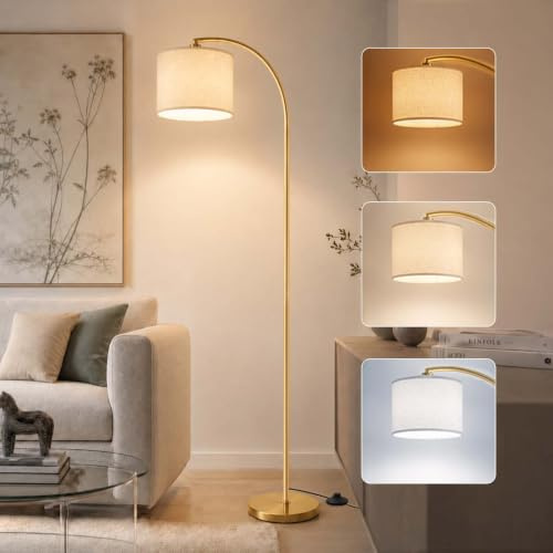Seruno X Bogen Stehlampe 157cm, Drehbarer Kopf, E27, Goldener | Leinen-Lampenschirm, Kompatibel mit 12W LED-Dreifarbenlampen, Fußschalter, stabiler Metallsockel, Lesen & Entspannen