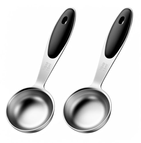 Matwsec 2 Pcs 1 Tablespoon Measuring Spoons Stainless Steel 1 Tbsp | (3tsp 15ml 1/2oz) Measuring Spoons, Black Silicone Grip 1 Tablespoon Scoop for Coffee, Pet Food, Grains, Protein, Spices