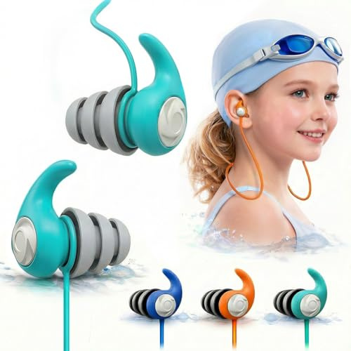 Tapones para Oídos de Natación, Niños y Adultos, 3 Pares, Cordón Amovible | De silicona suave, impermeables y reutilizables, para piscina, ducha, surf, buceo y deportes acuáticos.