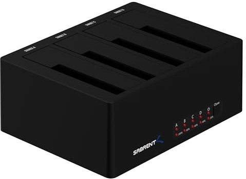 SABRENT 4 bay hard drive docking station, SSD HDD 2.5 3.5 inch SATA case dock, external SSD enclosure + power adapter, offline cloning, LED indicator, tool-free, USB cables included (DS-U3B4)