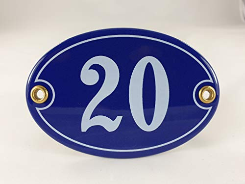 Emaille Hausnummer Schild Nr. 20, oval, Blau-Weiß Handarbeit