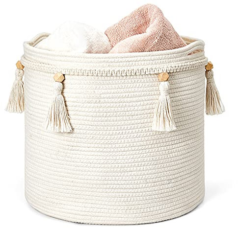 Mkono Makramee Dekorativer Baumwollseilkorb Boho Woven Quaste Schrank Aufbewahrungsbehälter Organizer für Kinderzimmer, Spielzeug, Wohnzimmer, Schlafzimmer,38cm…
