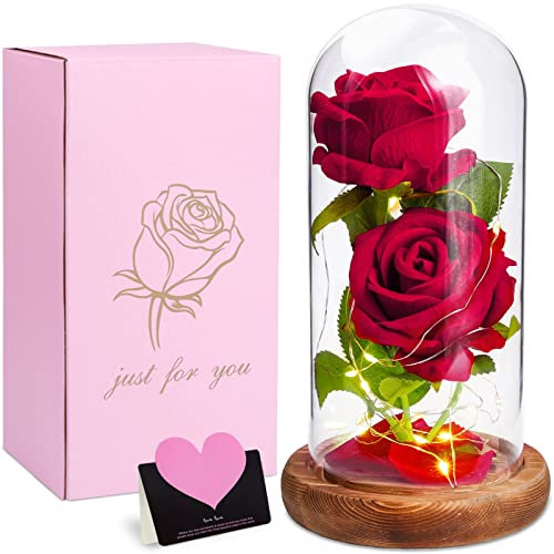 MULEVIP Rose Eternelle sous Cloche, La Belle et la Bête, Fleur avec Lumière LED, Abat-Jour en Verre, Décor Mariage Maison, Cadeau pour Maman/Femme/Mère/Mamie/Petite Amie