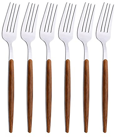 Uniturcky Lot de 6 fourchettes de table en acier inoxydable avec poignée ronde effet bois pour maison, cuisine, restaurant, hôtel, 21 cm, finition miroir et passe au lave-vaisselle