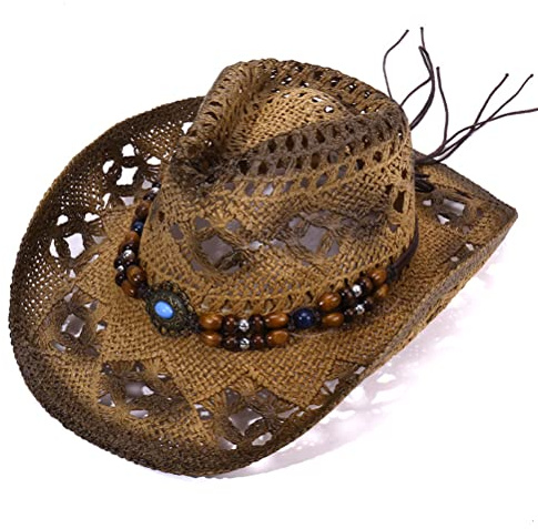 ARTOCT Chapeau de cowboy en paille à large bord - Chapeau de soleil de cowboy creux pour homme et femme - Chapeau de soleil de cowboy western avec bande de perles