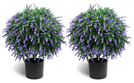 Sunnyglade 21.6” Tall Artificial Lavender Topiary Ball Tree Set of 2 Pack Potted Bushes UV Resistant Potted Plants for Indoor Outdoor Home Garden(Purple)
