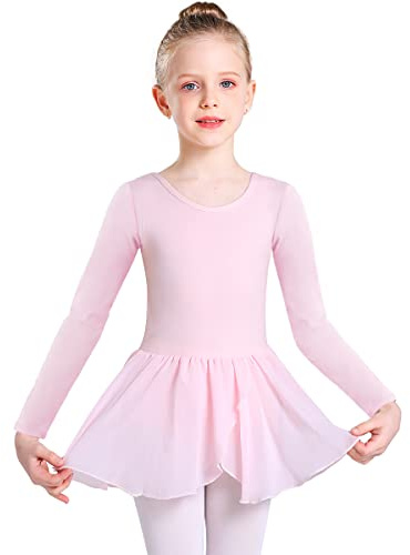 Ballet Leotard for Girls Long Sleeve Cross Straps Ballet Dress Kids Cotton Ballet Outfit Gymnastics Leotard with Chiffon Skirt Suit for 2-11 Years (Pink (Long Sleeve), 110 (100-110cm,3-4 Years))