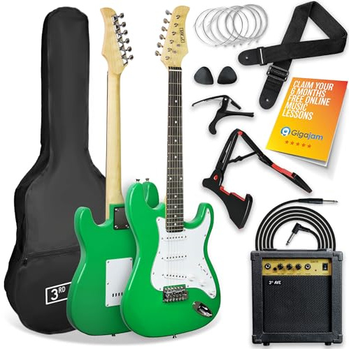 3rd Avenue XF Full Size 4/4 E-Gitarre Ultimate Kit Mit 10-W-Verstärker, Digitalem Stimmgerät, Kabel, Ständer, Gigbag, Gurt, Ersatzsaiten, Plektren, Kapodaster - Grün