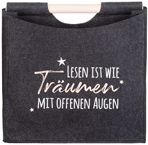 Brandsseller Filz Zeitungsständer mit Holzgriff ca.31 x 30 x 18 cm Zeitungskorb Zeitungstasche - Lesen ist wie Träumen mit offenen Augen - Anthrazit
