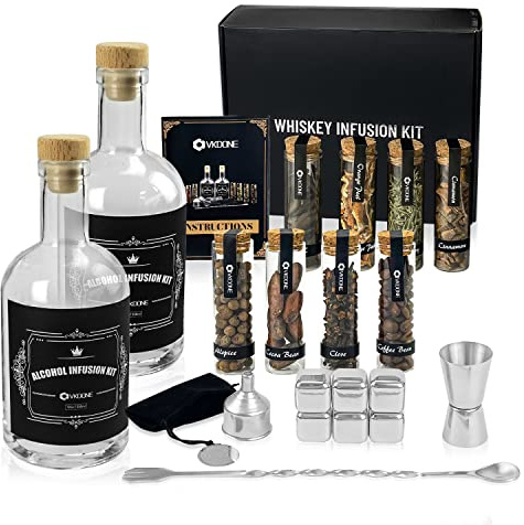 VKDONE Kit para hacer whisky, kit de infusión de whisky, incluye 8 botánicos, cubitos de hielo de acero inoxidable, jigger, cuchara de bar y embudo, kit de infusión de alcohol, regalo para hombres
