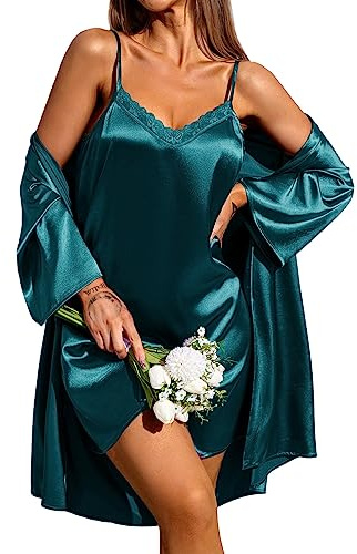 Ekouaer Nattlinne och morgonrock för kvinnor, tvådelad satin, sexiga nattkläder, set, nattklänning, kort, negligéer, 2-pack, 05-mörkgrön, S