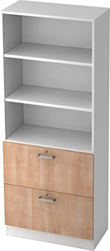 bümö Office Aktenschrank mit Hängeregister-Schubladen abschließbar, Büroschrank Holz, 80cm breit in Weiß/Nussbaum - Hängeregistratur für Hängeordner, Büro Schrank mit Chromgriffen