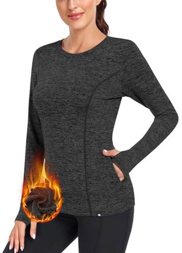Soneven Fleece Damen Warm Pullover Thermo Langarmshirt Sport Mit Zwei Tasche Funktionsshirt Langarm Wandershirt Schwarz S