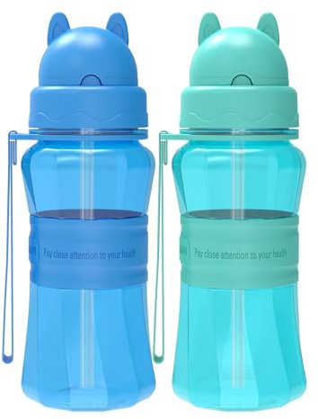 Sigdio 2 Pièces Gourde Enfant avec Paille garçons Anti fuite sans BPA Facile à Nettoyer Bouteille d'eau Enfant pour Maternelle, École (Bleu et Bleu Clair)