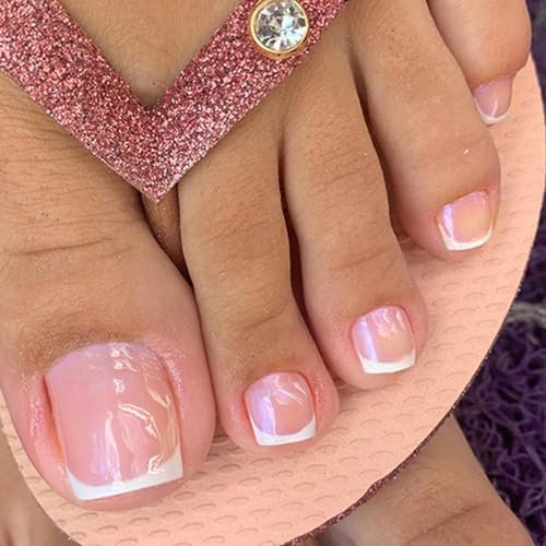 French False Toenails Short, 24Pcs Nude Pink Fake Toe Nails, White French Press on Toenails, 12 Sizes Full Cover Stick on Toenails with Nail Glue for Women Girls Toenails Art(Nude Pink)