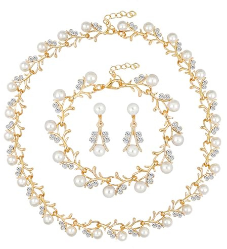 AILUOR Perlenschmuck Set für Frauen, 14K Gold/Silber plattiert Perlenkette und Ohrring Set Perlen Tropfen Ohrringe Perlen Armbänder Perlen Halskette Choker Hochzeit Brautschmuck