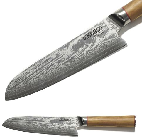 CLASSE ITALY Cuchillo Santoku de 18 cm de acero japonés AUS 10 de 67 capas, afilado a mano, mango de olivo, paño de limpieza incluido