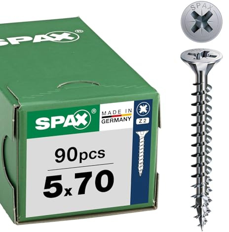 SPAX Universalschraube 5 x 70 mm, 90 St., Senkkopf Z2, Vollgewinde, WIROX | 4CUT Spitze für Holzbauschrauben ohne Vorbohren, Korrosionsschutz durch WIROX Beschichtung, stabiler Kreuzschlitz Antrieb