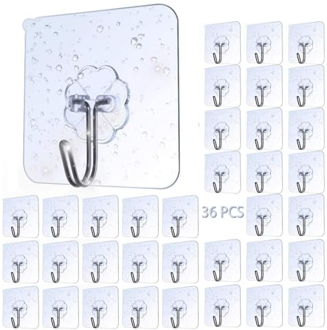 AOMEES Heavy Duty Sticky Hooks -Self Adhesive Hooks with 8kg Max Weight,Not Drilling Damage-Free Wall Adhesive for Bathroom,Kitchen,Bedroom-Bedroom-Waterproof Strong Hold Removable Hangers 36Pcs