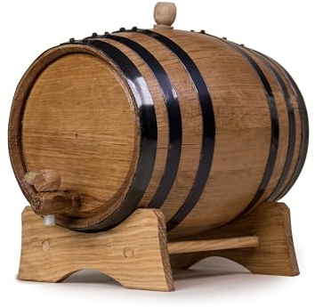 5 Liters Oak Aging Barrel, Wooden Whiskey Barrel, Wine Barrel Home Brewer, Distiller, Mine Maker and Cocktail Aging, American Oak Barrel with Stand, Bung, and Spigot (Black Hoops)