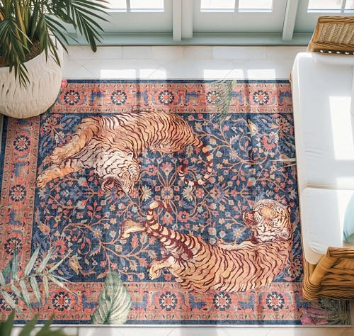Well Woven Apollo Botanical Tiger Navy Washable Rug – Dining Room & Bedroom, 3'3 x 5', Durable