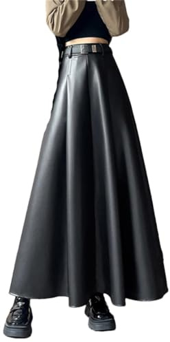 Suwequest Knöchellanger Kunstlederrock für Damen, Herbst, Winter, Gürtel, A-Linie, hohe Taille, lang, Maxi-Rock, PU-Rock für Damen, Schwarz , 48