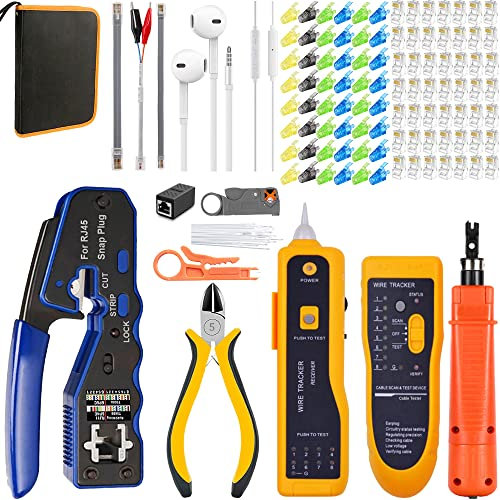 LEATBUY - Kit de herramientas de crimpadora CAT5 para RJ45/RJ11/RJ12/CAT6/Cat5e, cortador pelacables de cable profesional para crimpadora de red, cortador pelacables, mantenimiento de computadora,